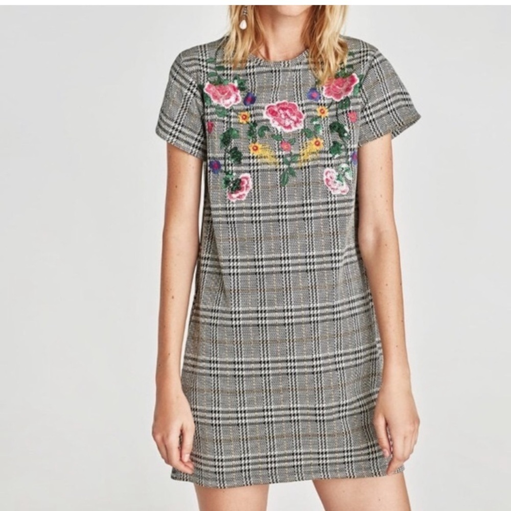 Zara Plaid Floral Sequin Embroidered T-Shirt Dress